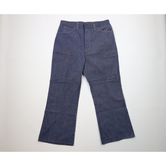 Vintage 70s Streetwear Mens 34x28 Chambray Wide Leg Bell Bottoms Jeans Blue USA